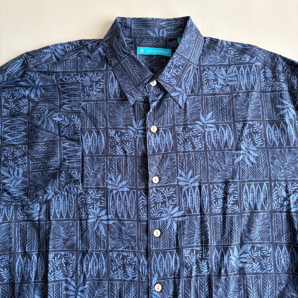 Tori Richard Blue Tropical Surf Hawaiian Short Sleeve Button Up Cotton Shirt L